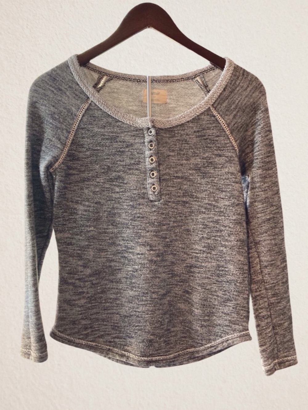 Aerie Gray Marled Henley Lace Trim Long Sleeve Top Women’s S retro